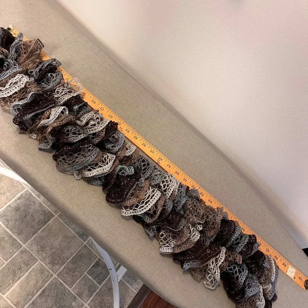 Ruffle Sashay Scarf Brown Grey Metallic Mesh Knit Lace Boa Spiral